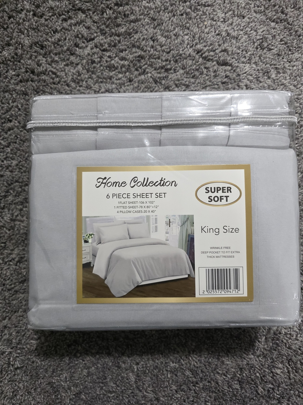 Home Collection King Size 6-Piece Sheet Set - Light Gray